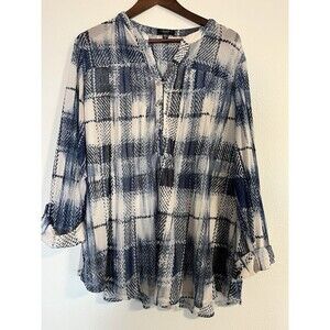 Cocomo Top Women's 3X Blue Beachy Coastal Plaid Mesh Lined 3/4 Roll‎ Tab Sleeves